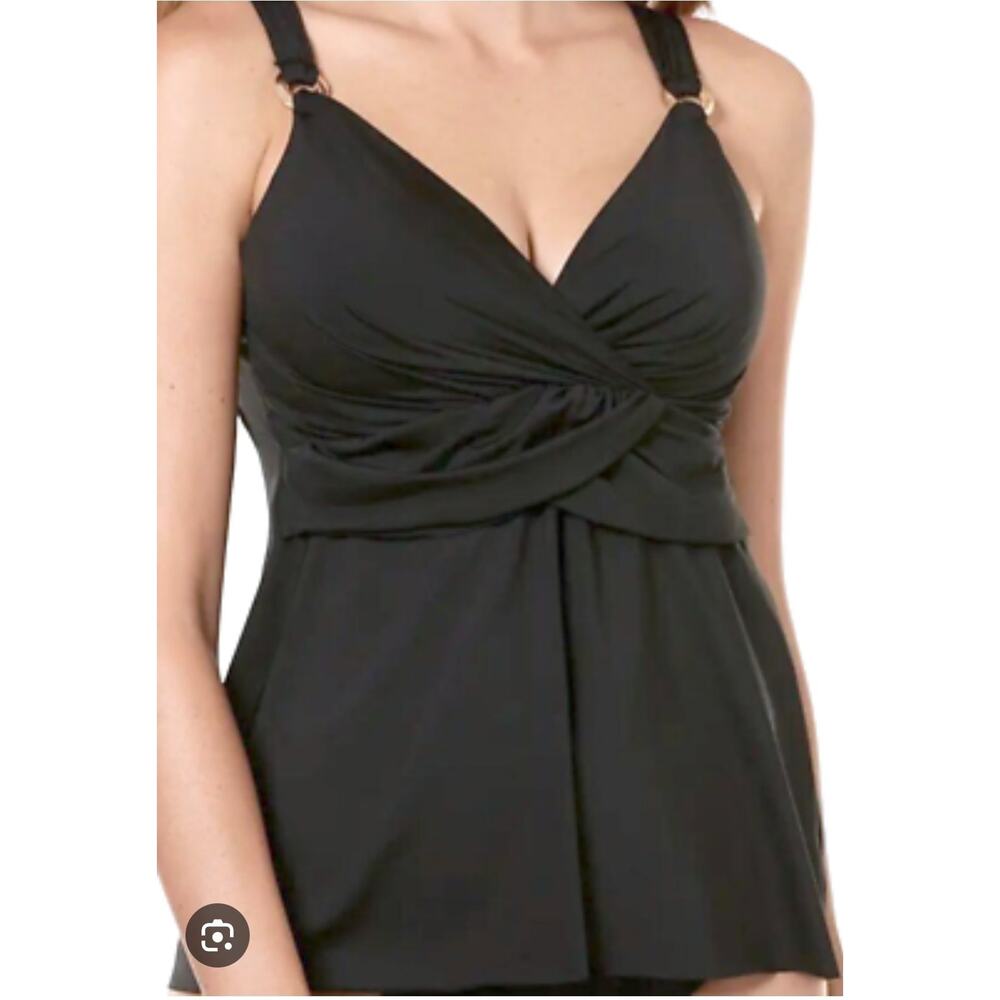 Miraclesuit Tankini Top Black Size 34DD Plunge Swim‎ Top Bathing Suit